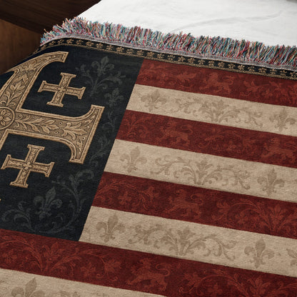 CalmNestStyle One Nation Under God Jerusalem Cross Flag Woven Blanket jacquard woven blanket