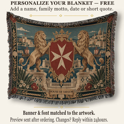 CalmNestStyle Golden Lions Crowned Shield over Valletta Woven Blanket jacquard woven blanket