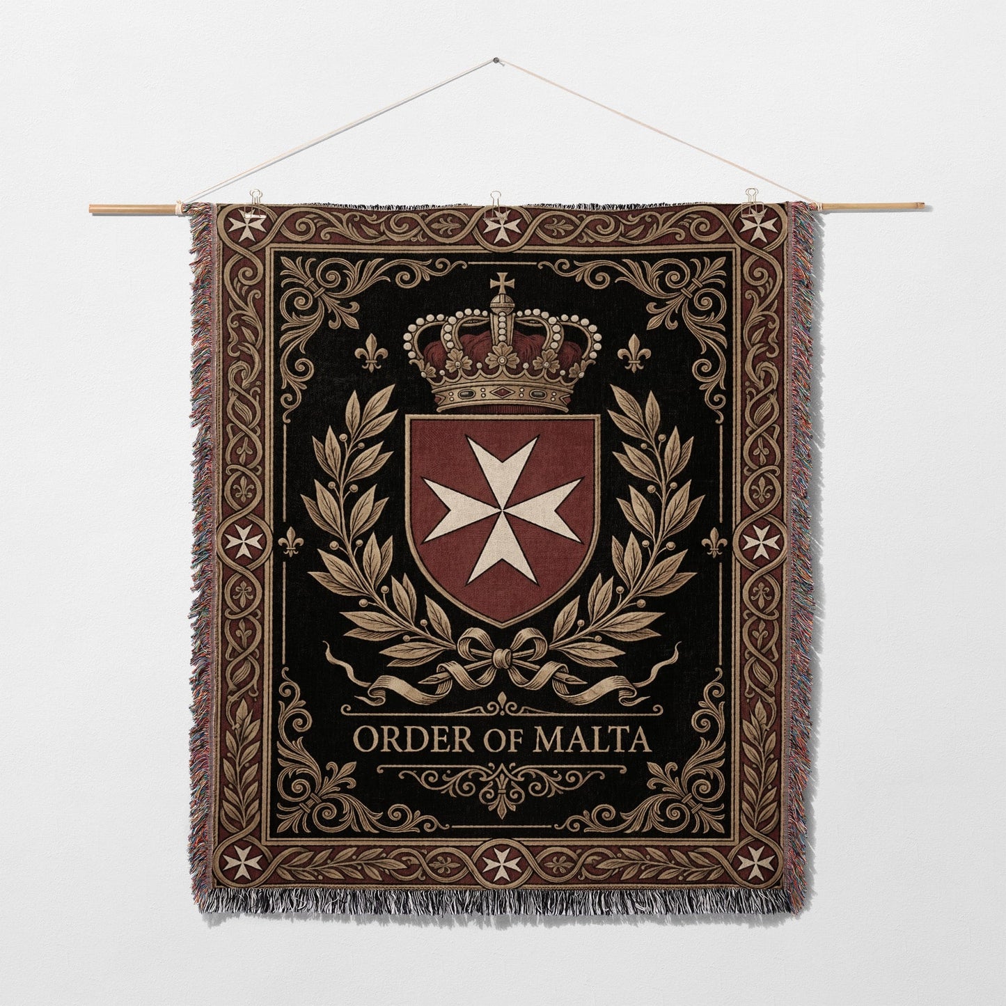 Tapestry with the Order of Malta crest, crown, and ornate border.