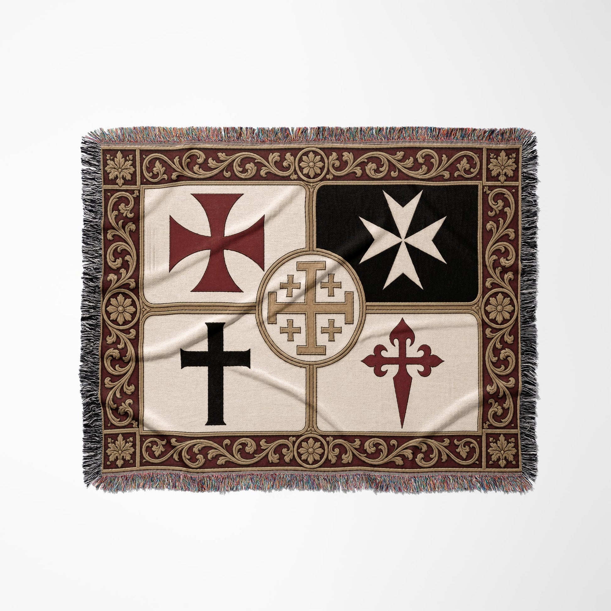 MyDesigns Medieval Wall Hanging – Santiago Templar Hospitaller Teutonic Woven Blanket, Acanthus Border jacquard woven blanket