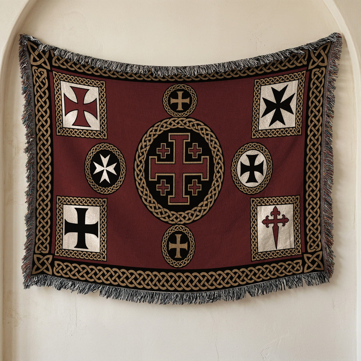 MyDesigns Medieval Tapestry Blanket – Jerusalem Cross Heraldic Medallion Woven Throw jacquard woven blanket