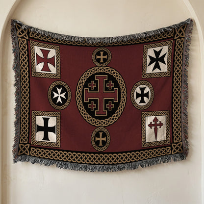MyDesigns Medieval Tapestry Blanket – Jerusalem Cross Heraldic Medallion Woven Throw jacquard woven blanket