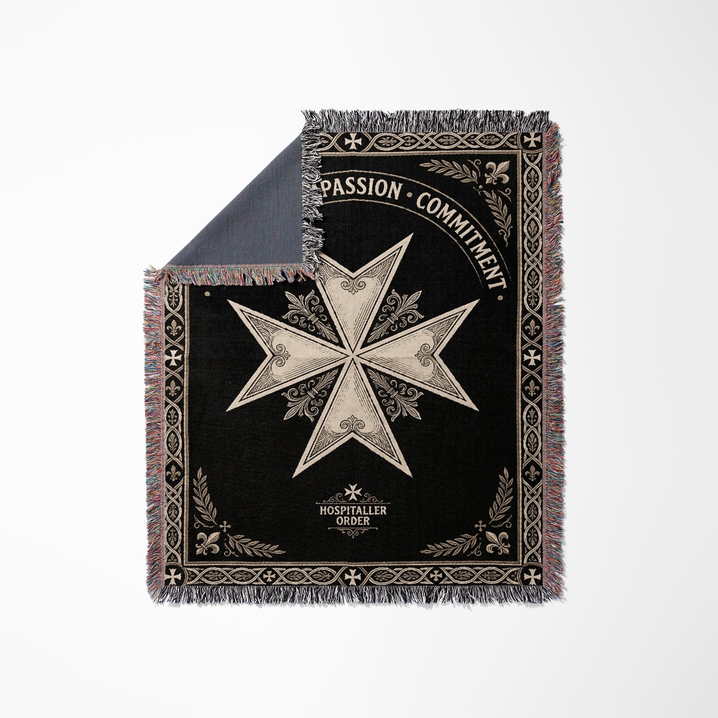 Black throw blanket with a central Maltese cross, "Passion Commitment", and "Hospitaller Order".