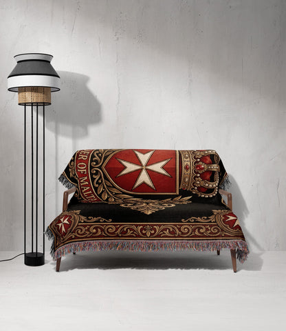 CalmNestStyle Order of Malta Crowned Crest Gold Scroll Woven Blanket jacquard woven blanket