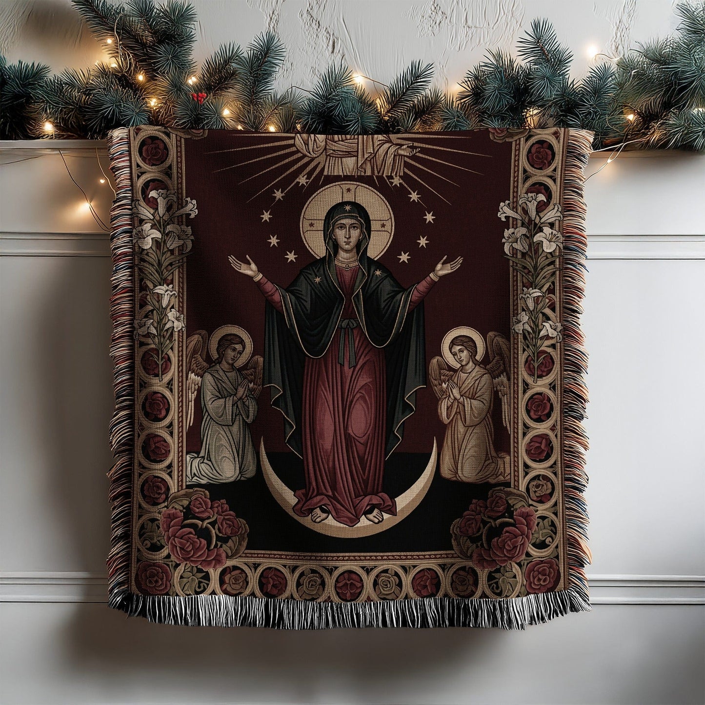 Virgin Mary and Angels with Moon Tapestry Blanket