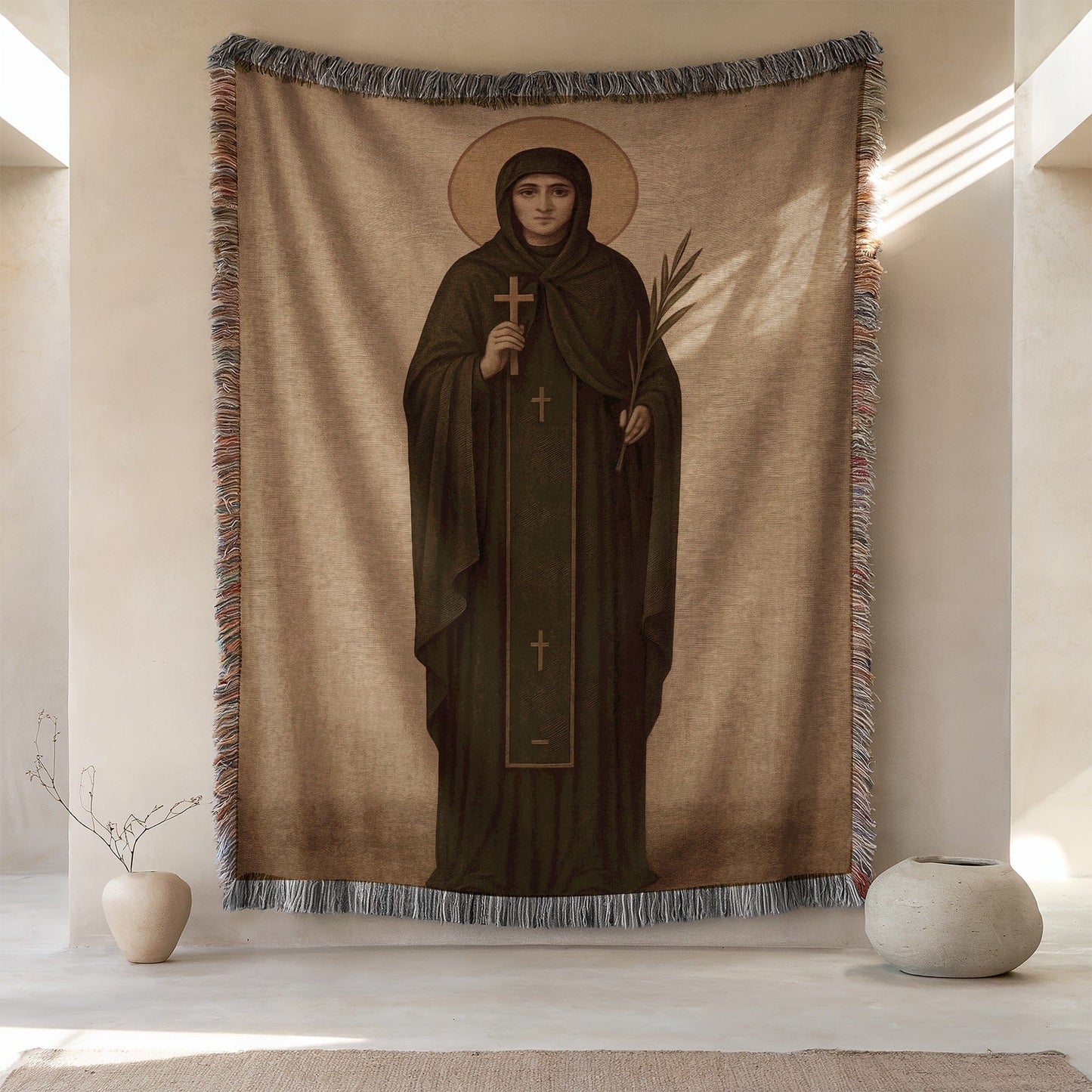 Artistic Woven Wall Tapestry with Saintly Design