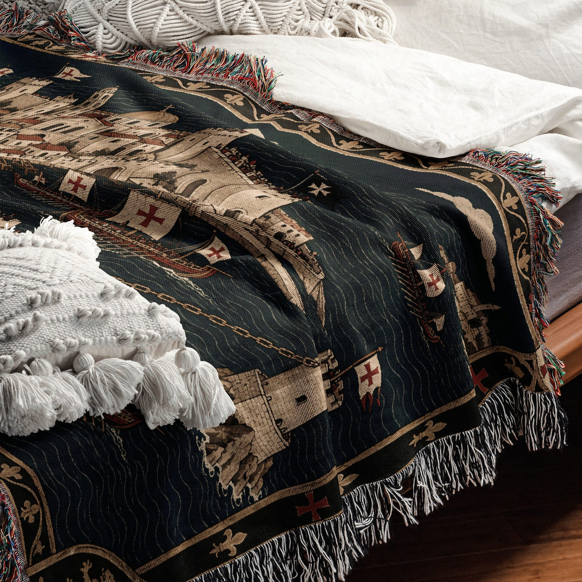 CalmNestStyle Crusader Harbor Siege I Ships at the Chain Tower jacquard woven blanket