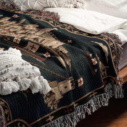 CalmNestStyle Crusader Harbor Siege I Ships at the Chain Tower jacquard woven blanket