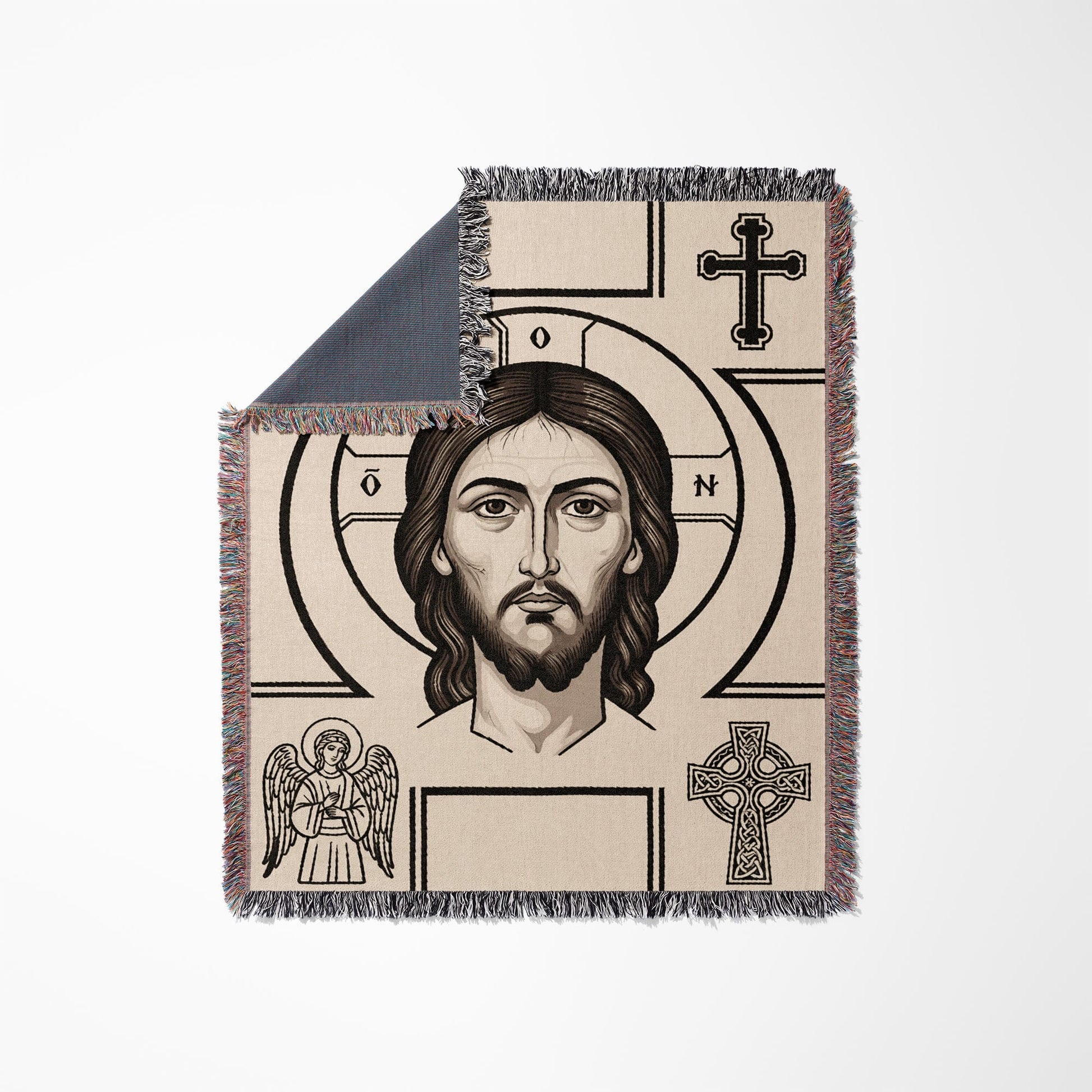 Tapestry featuring Jesus' portrait with religious symbols and an angel.