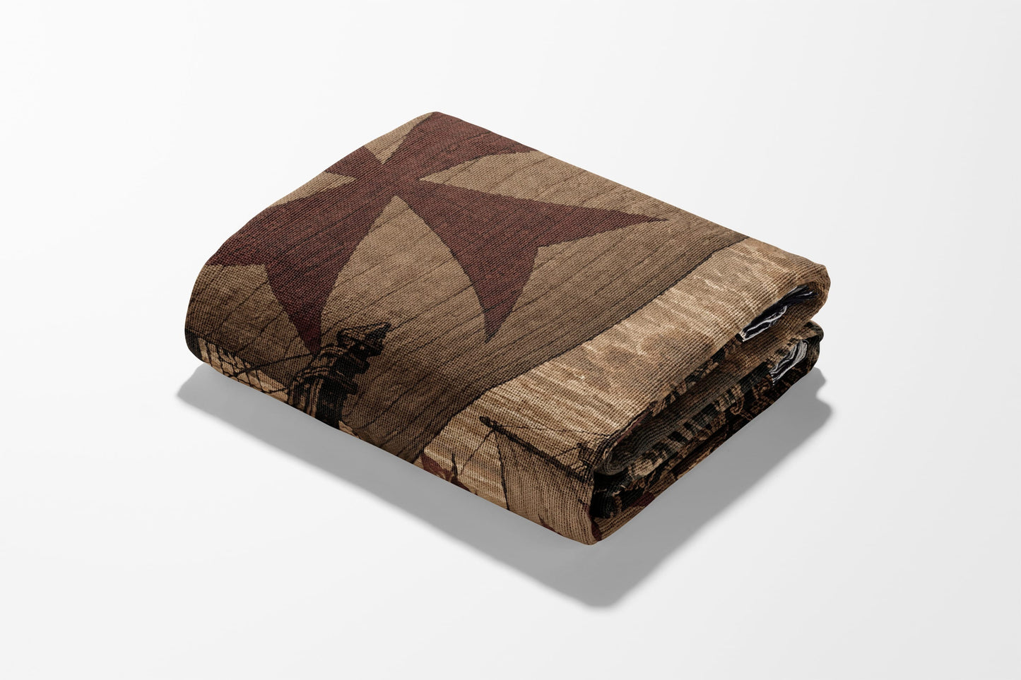 Folded blanket with Templar cross and distressed wood pattern.