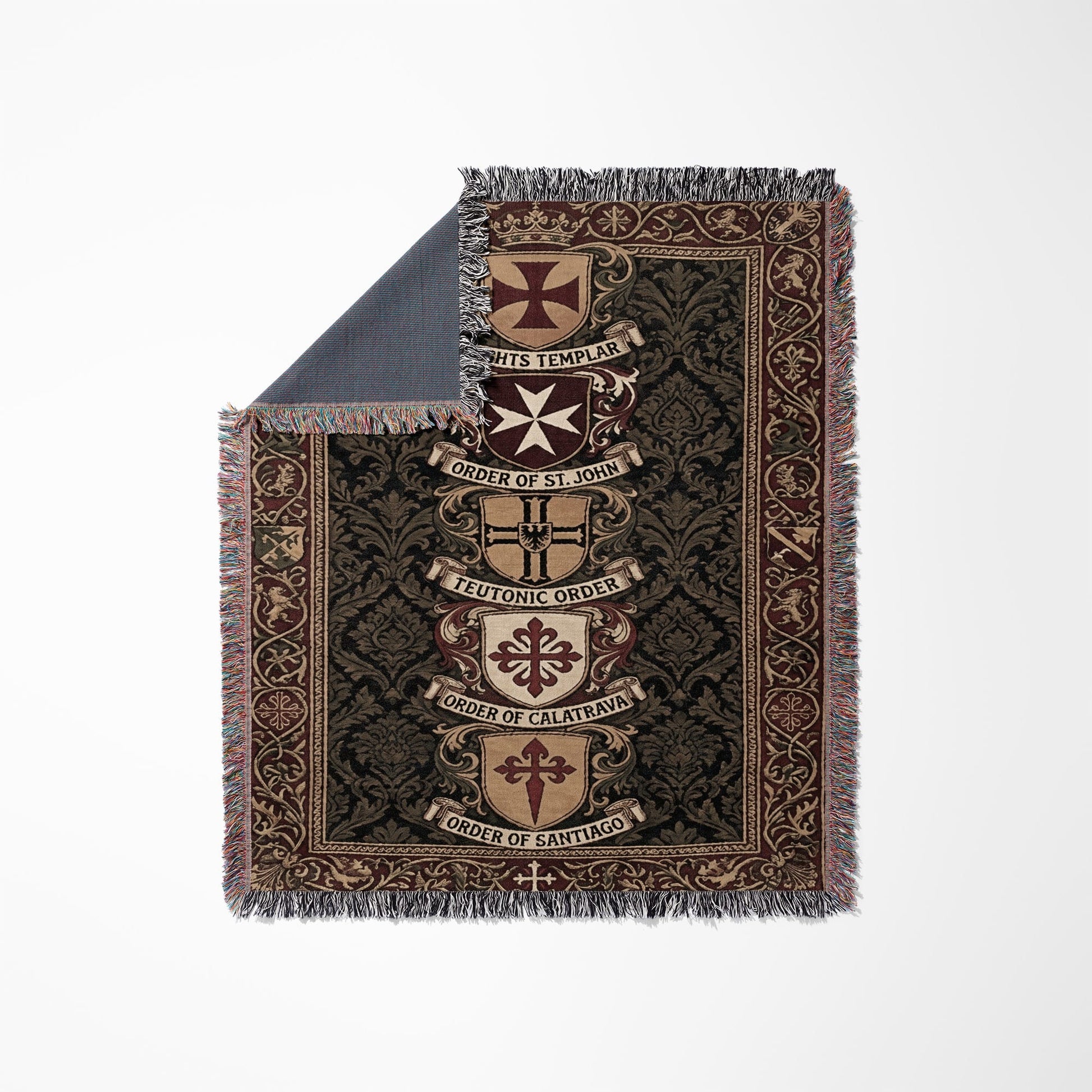 Tapestry with four coats of arms: Knights Templar, Order of St. John, Teutonic Order, and Order of Calatrava.