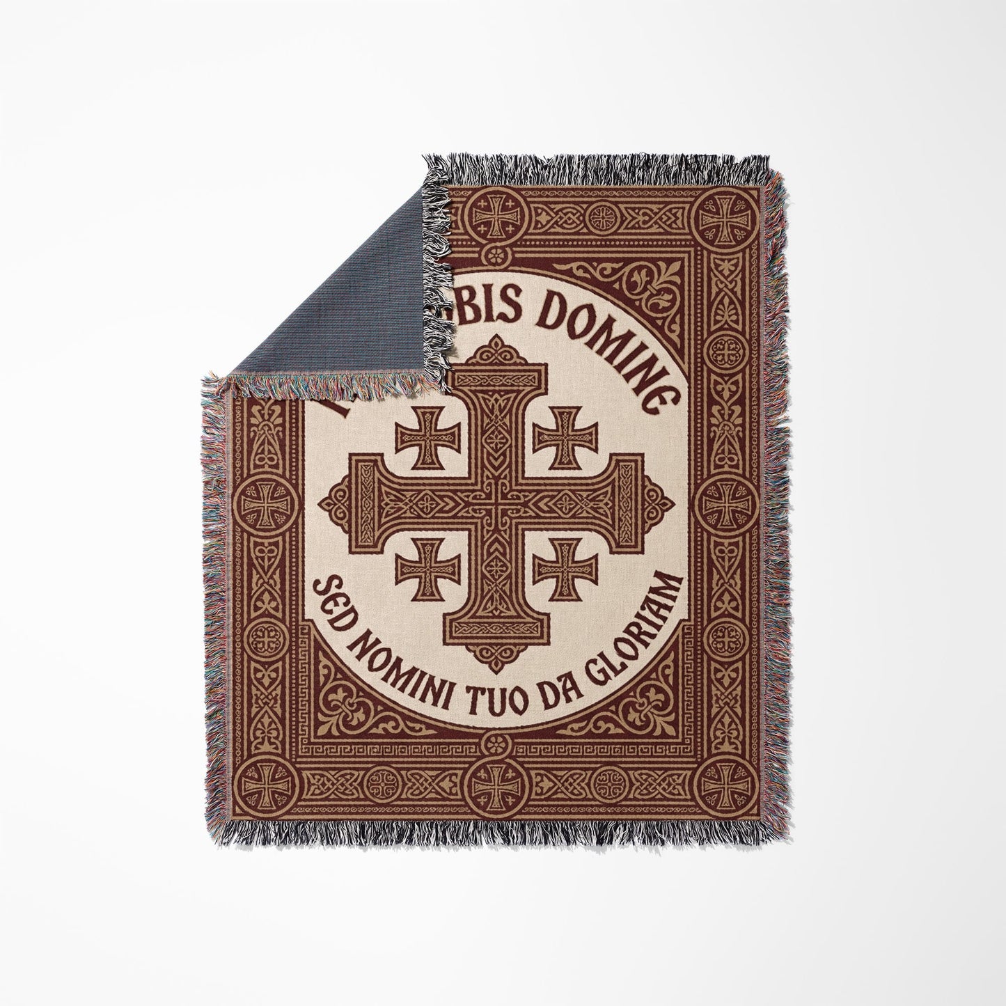 Woven blanket with Jerusalem cross and Latin text "SOLI DEO GLORIA".