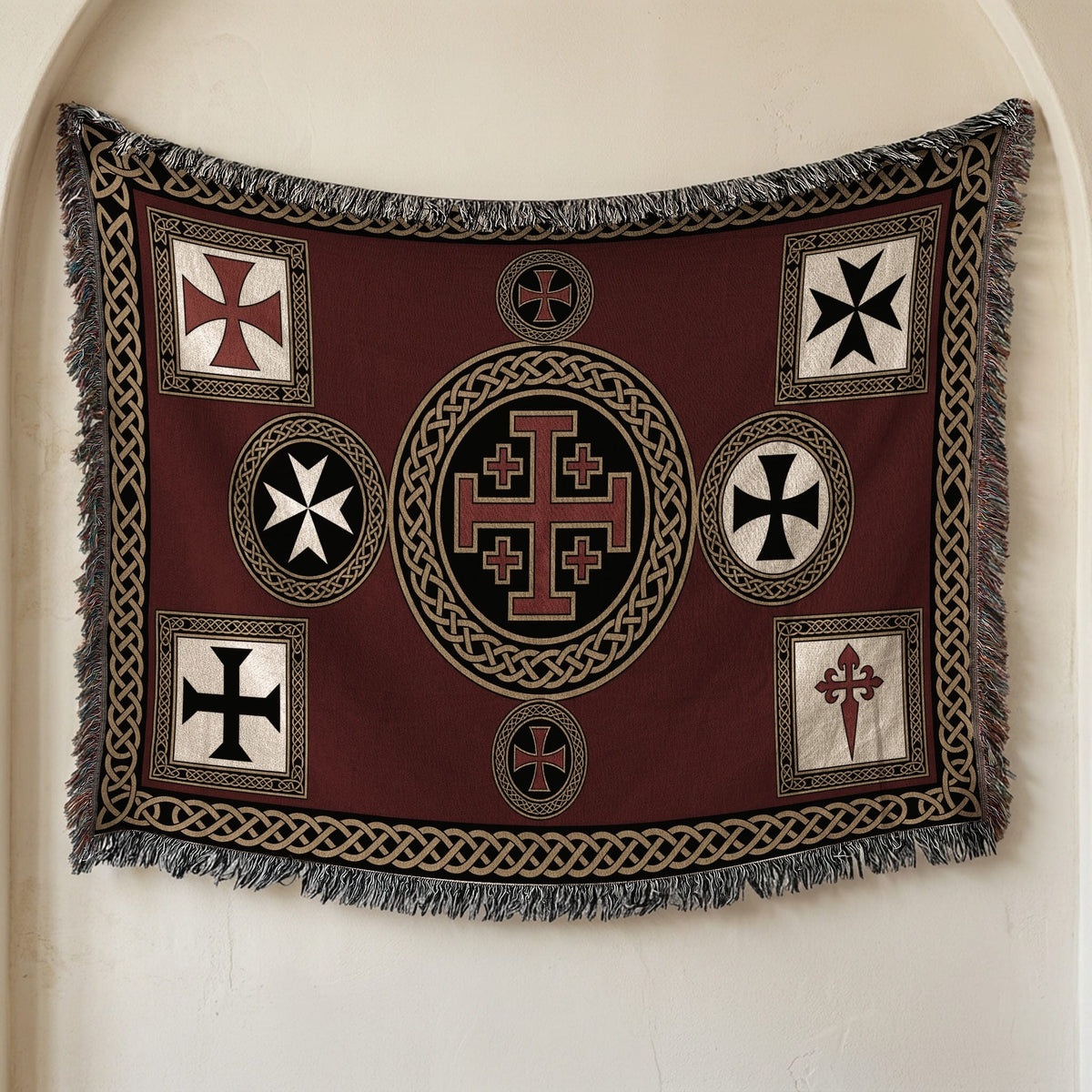 MyDesigns Medieval Blanket – Crusader Orders Medallion Woven Throw, Jerusalem Cross jacquard woven blanket