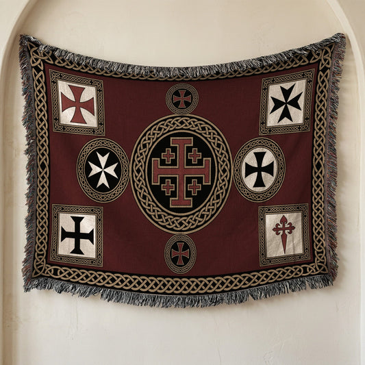MyDesigns Medieval Blanket – Crusader Orders Medallion Woven Throw, Jerusalem Cross jacquard woven blanket
