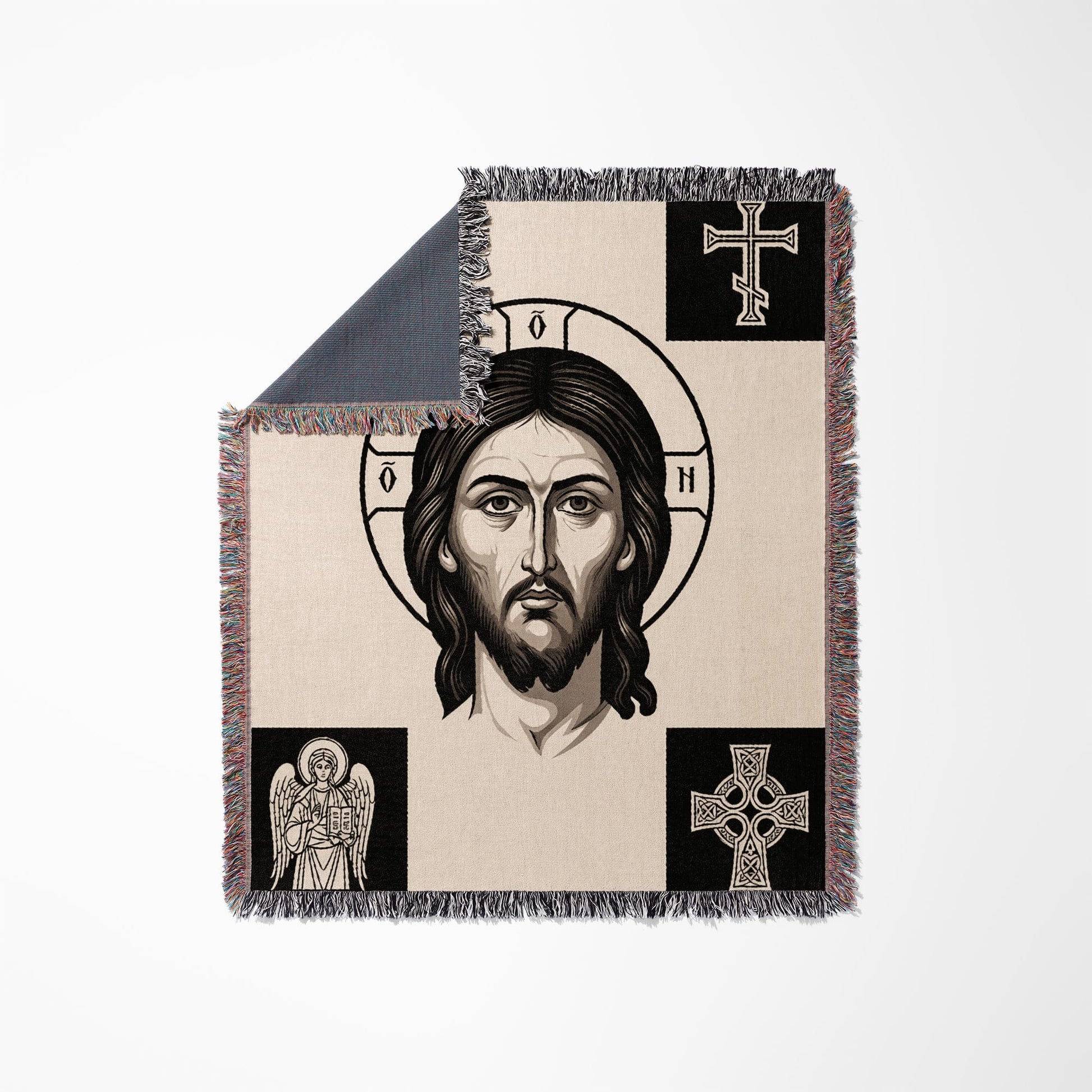 Woven tapestry featuring a central portrait of Jesus surrounded by crosses and an angel.