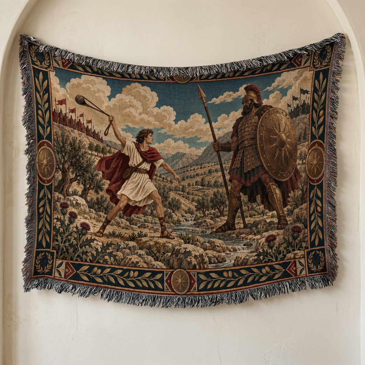 CalmNestStyle David and Goliath Shepherd with Sling jacquard woven blanket