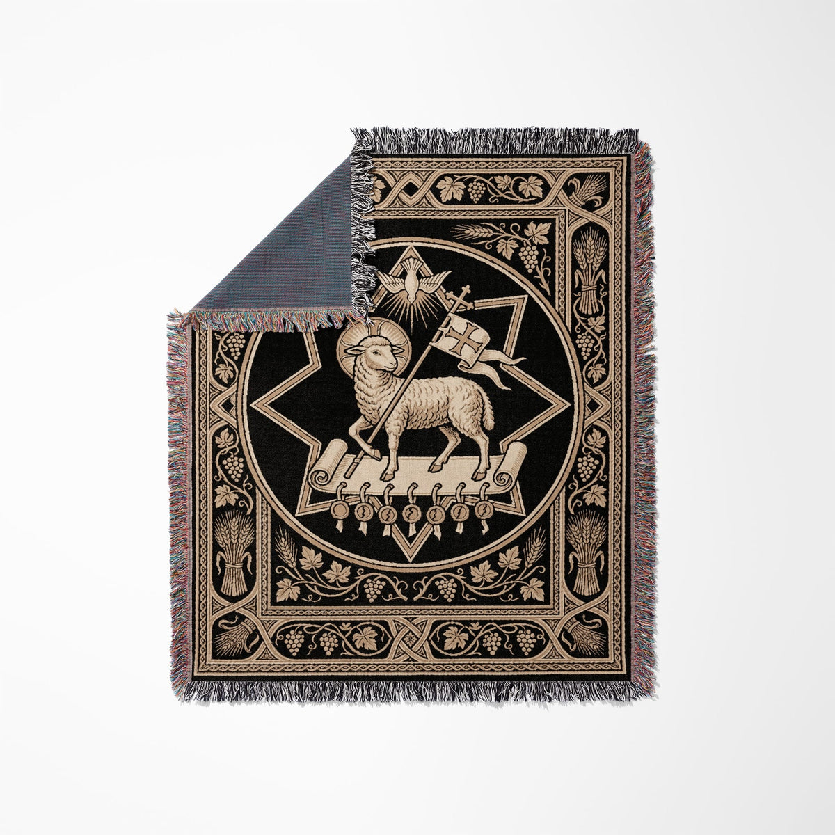 CalmNestStyle Ecclesiastical Lamb & Scroll Woven Blanket jacquard woven blanket