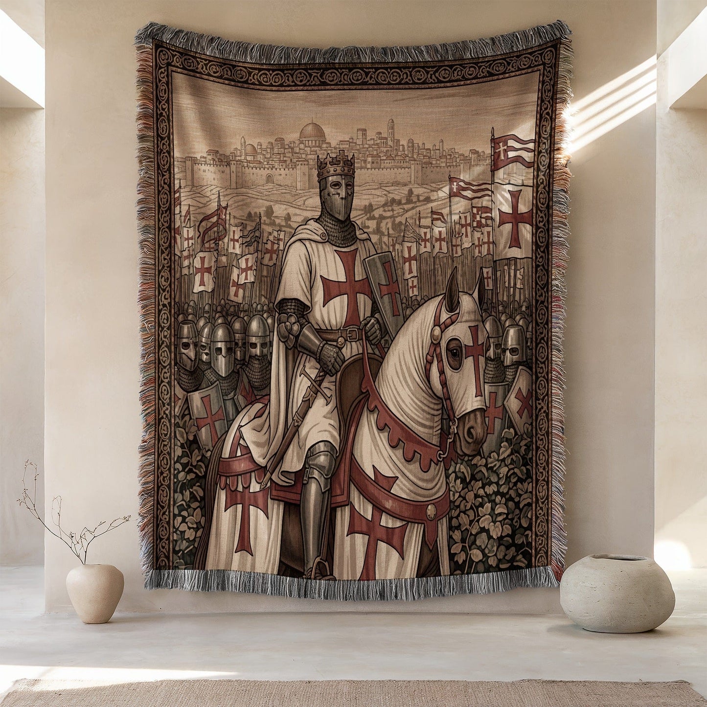 Medieval Knight and Horse Tapestry with Fringe Decor