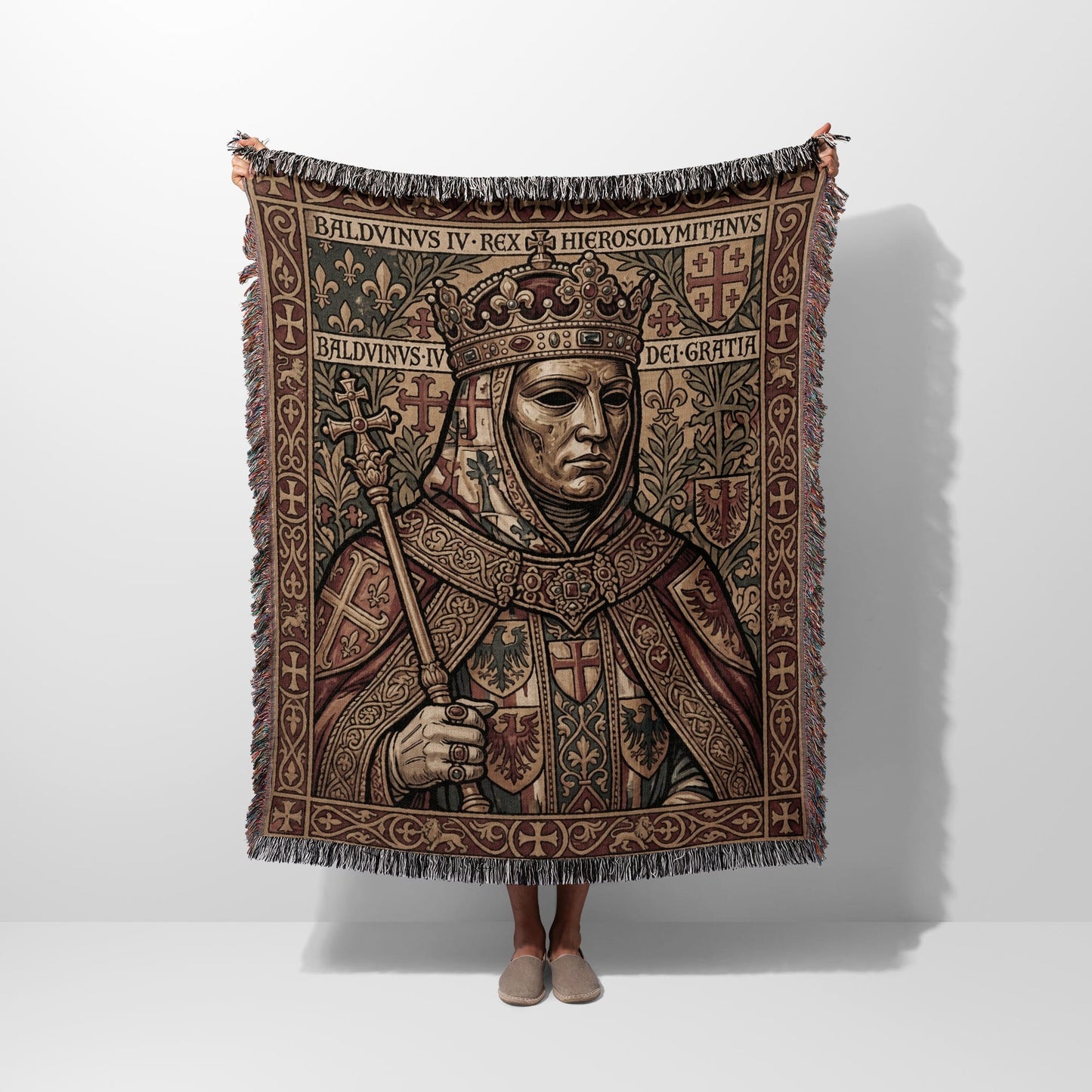 Tapestry featuring a portrait of Baldwin IV, King of Jerusalem, with text.