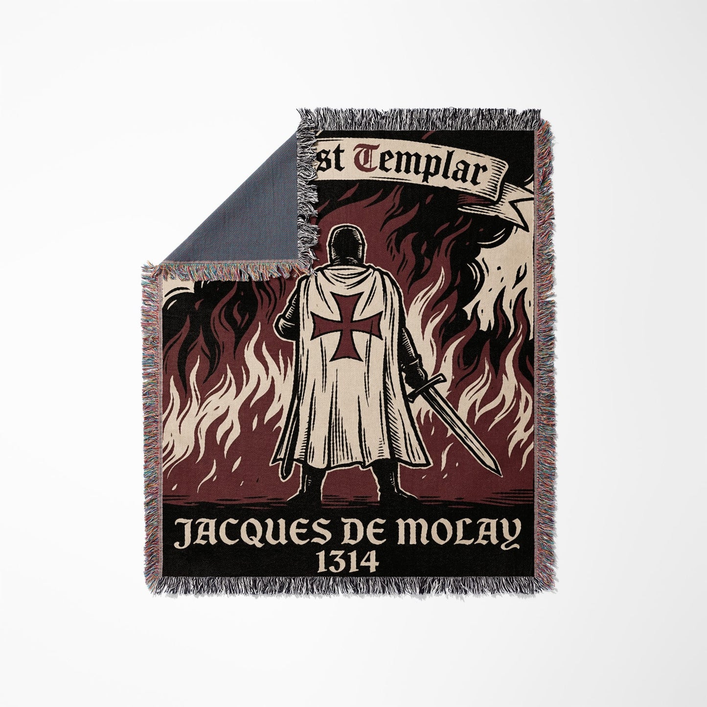 Templar knight Jacques de Molay with sword against flames, 1314.