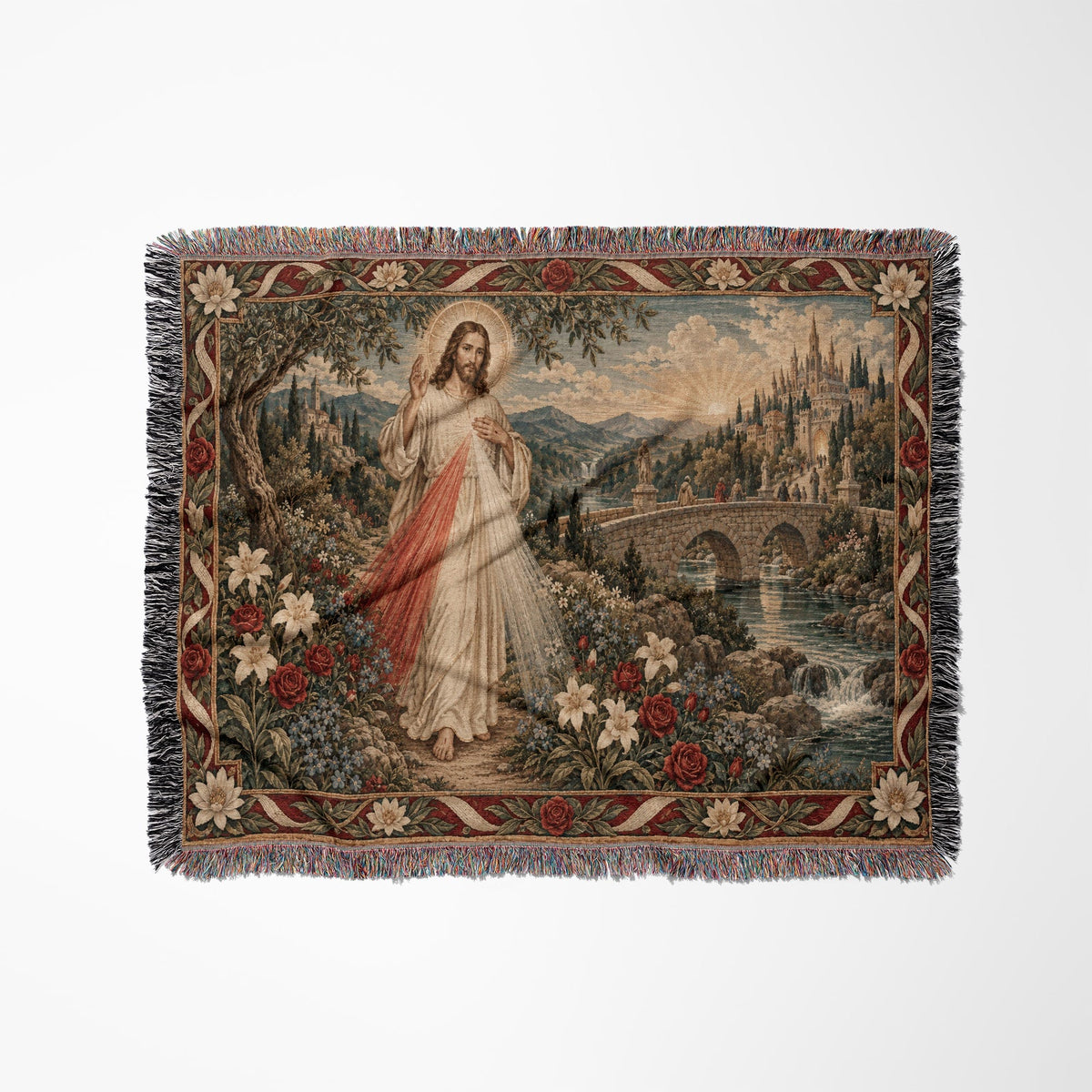 Woven blanket depicting Jesus in a pastoral landscape with a river, bridge, and floral border.
