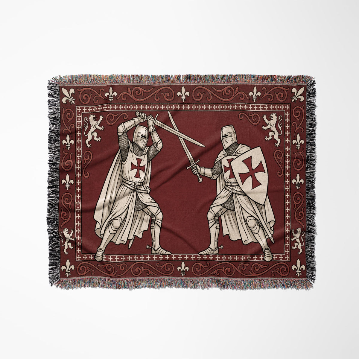 MyDesigns Medieval Knight Tapestry Blanket – Templar Knights Duel Woven Throw, Scrollwork jacquard woven blanket