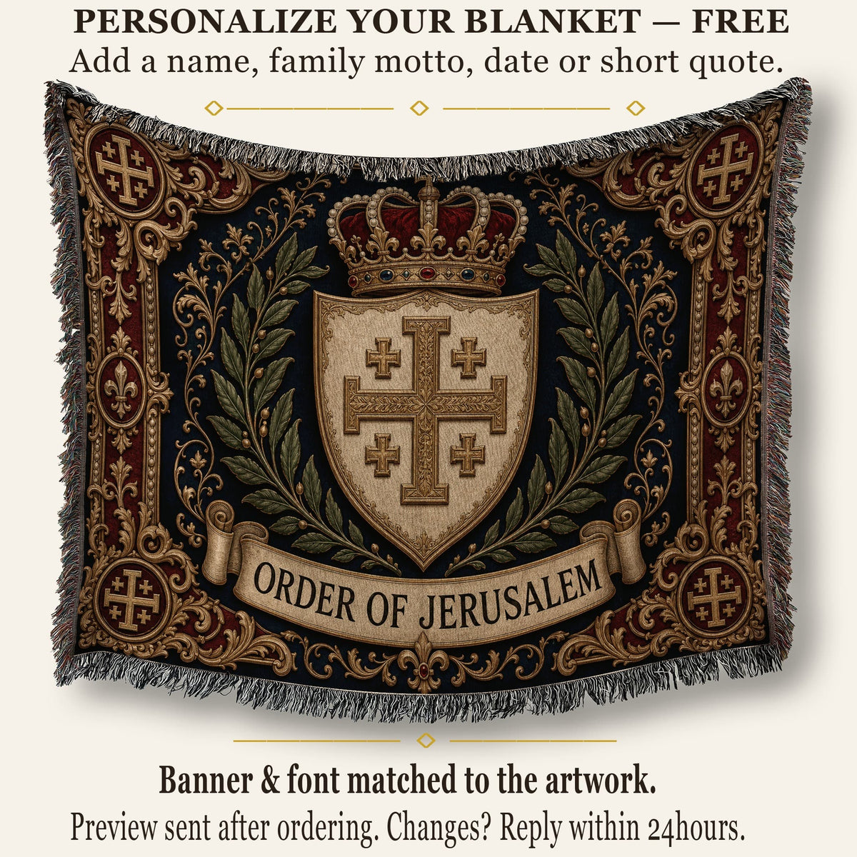 CalmNestStyle Order of Jerusalem Crest I Crimson Border jacquard woven blanket