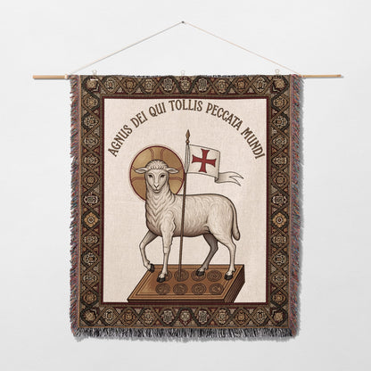 Tapestry with lamb and cross holding flag with Latin text "AGNUS DEI QUI TOLLIS PECCATA MUNDI".