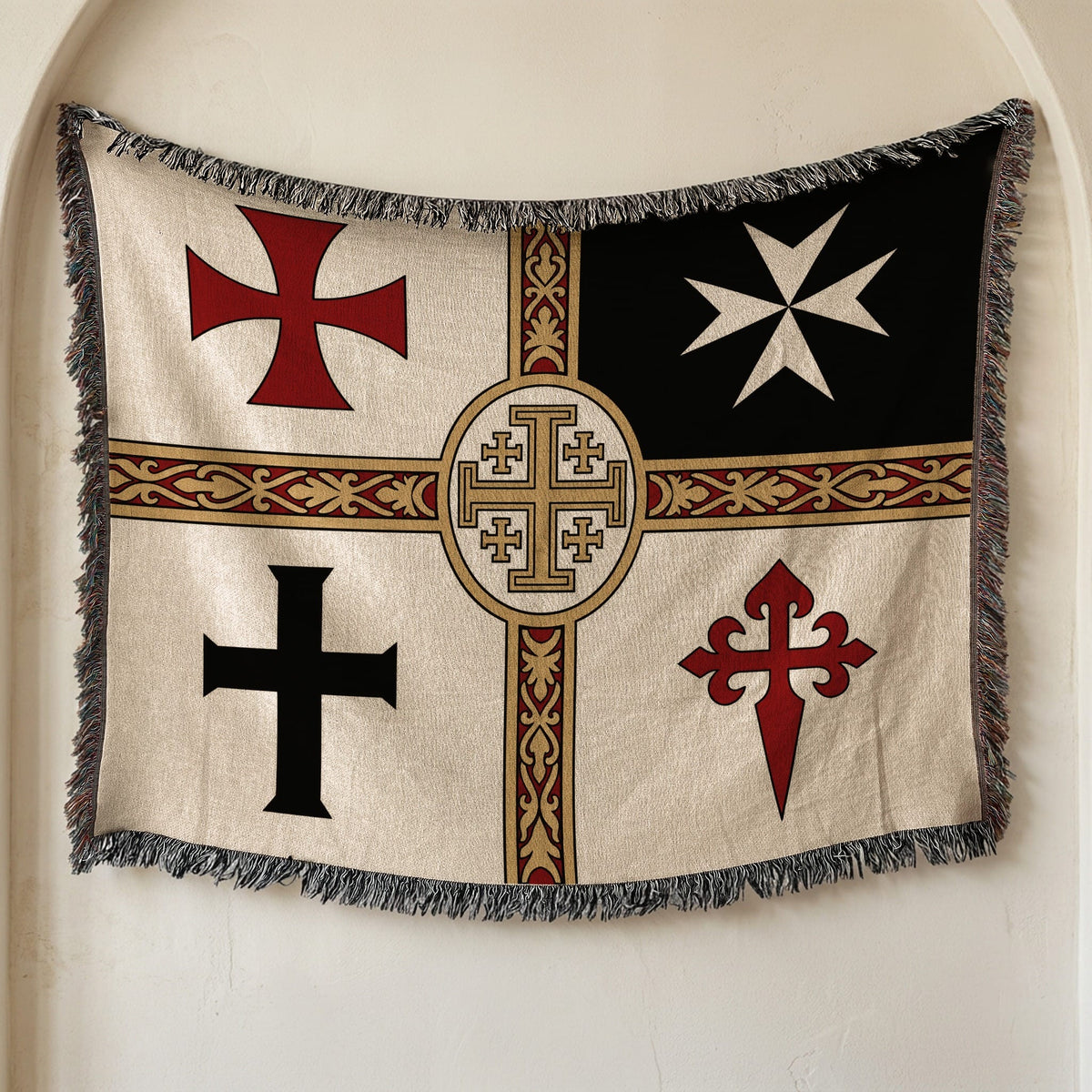 Tapestry with four heraldic crosses and a central Jerusalem cross design.