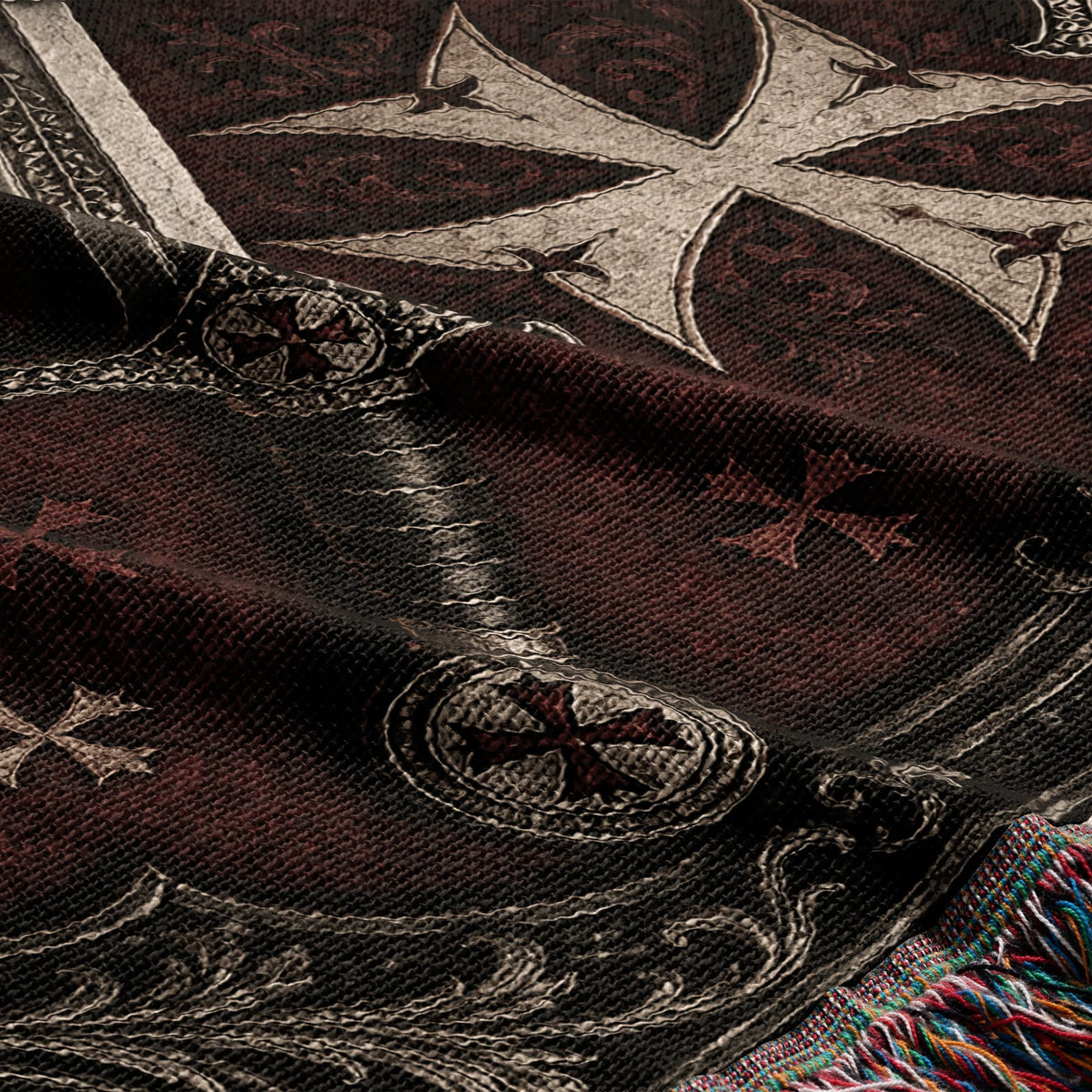 CalmNestStyle Medieval Blanket with Deus Vult Scroll – Crossed Swords Crusader Shields Woven Throw jacquard woven blanket