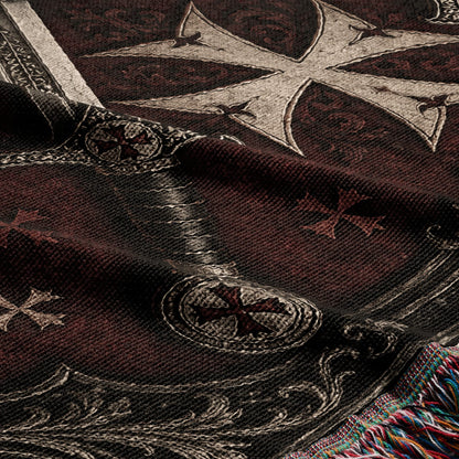 CalmNestStyle Medieval Blanket with Deus Vult Scroll – Crossed Swords Crusader Shields Woven Throw jacquard woven blanket