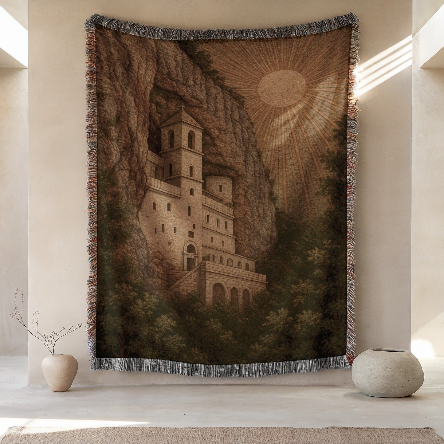 Sunlit Mountainside Castle Tapestry Wall Art Decor