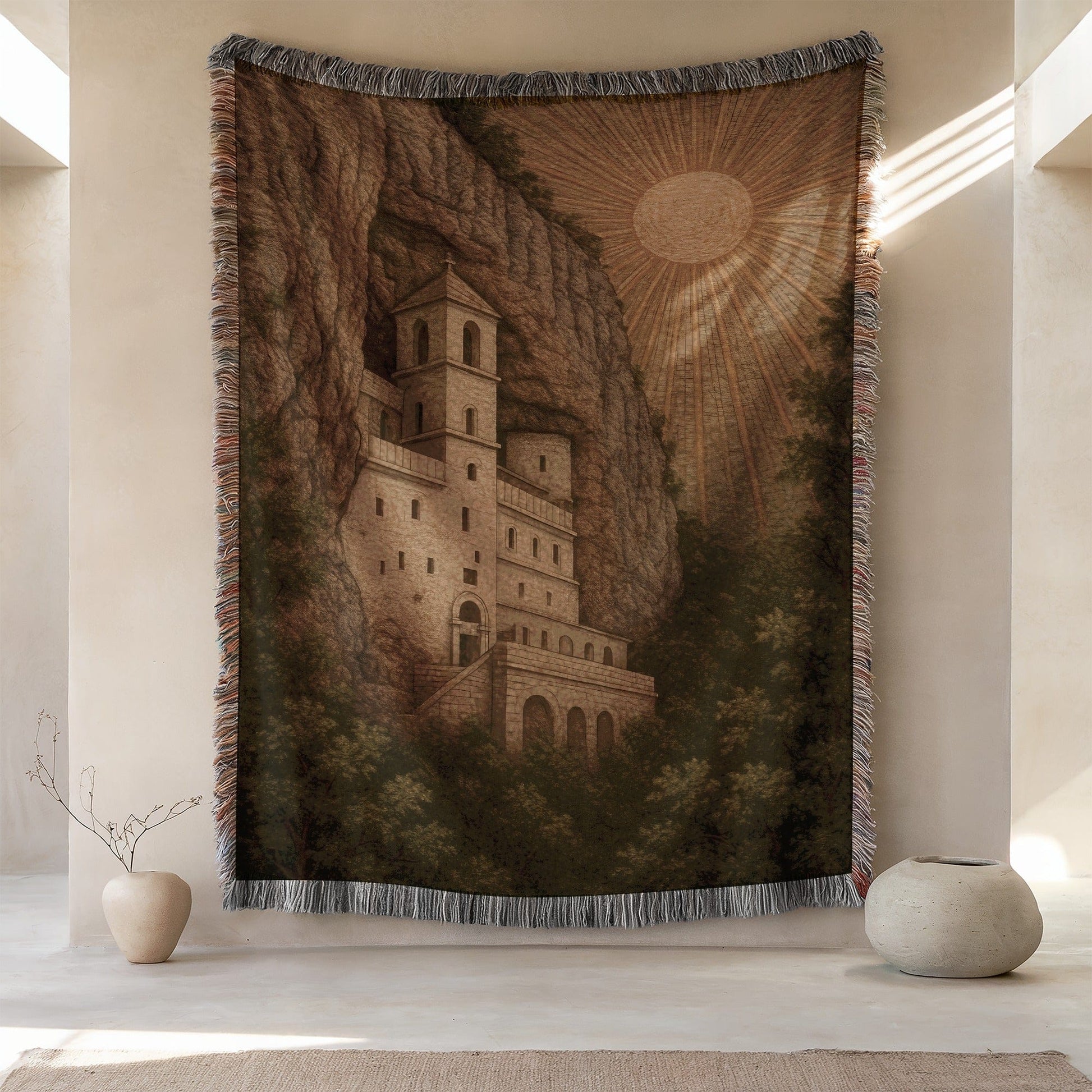 Sunlit Mountainside Castle Tapestry Wall Art Decor