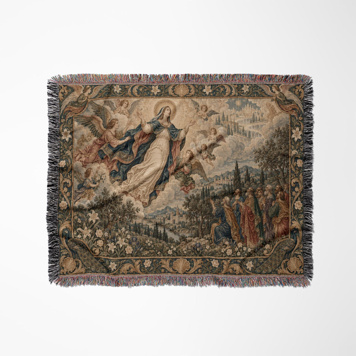 Woven throw blanket featuring a classic tapestry scene of the Assumption of the Virgin Mary with ornate floral borders.