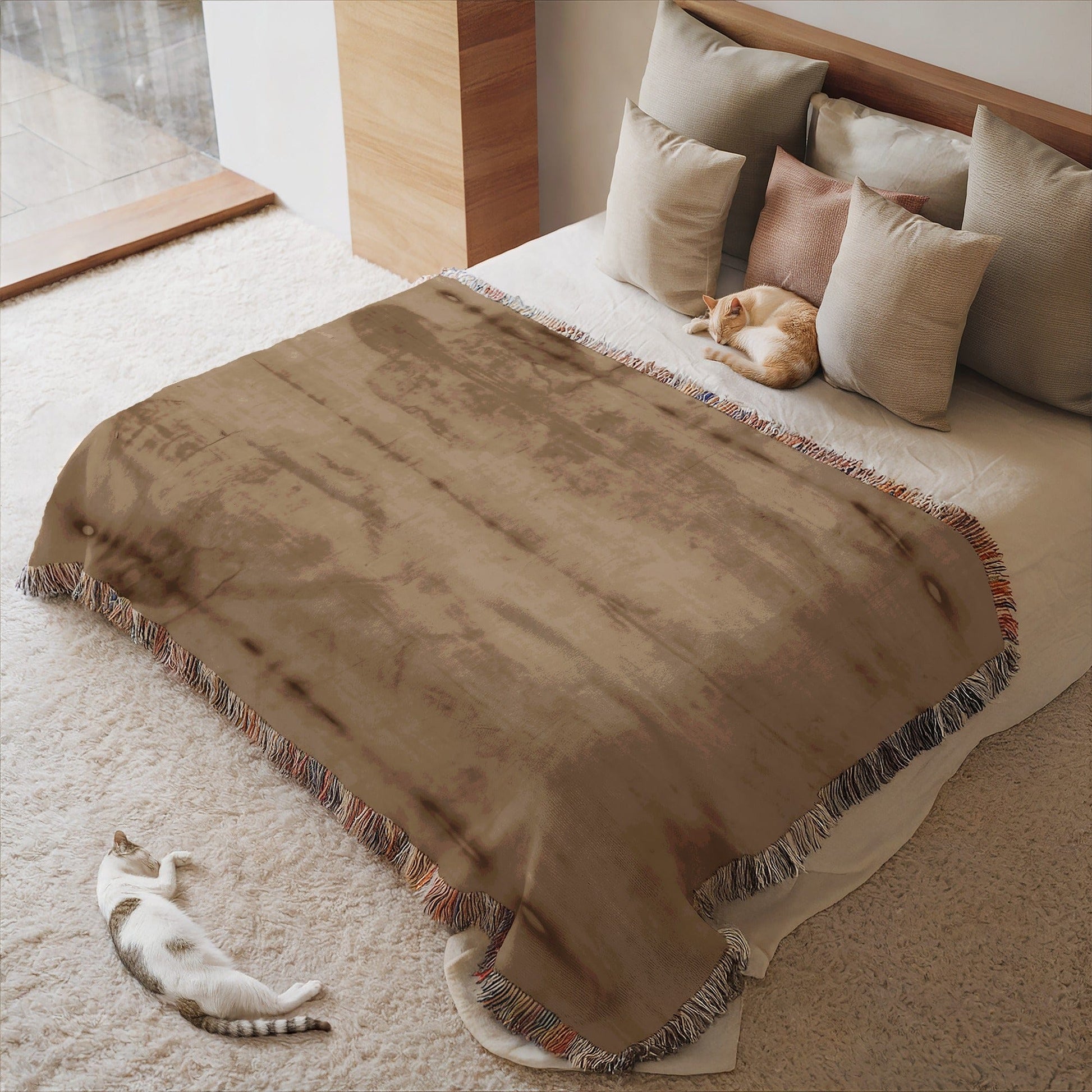 Cozy Beige Throw Blanket with Fringe Edging