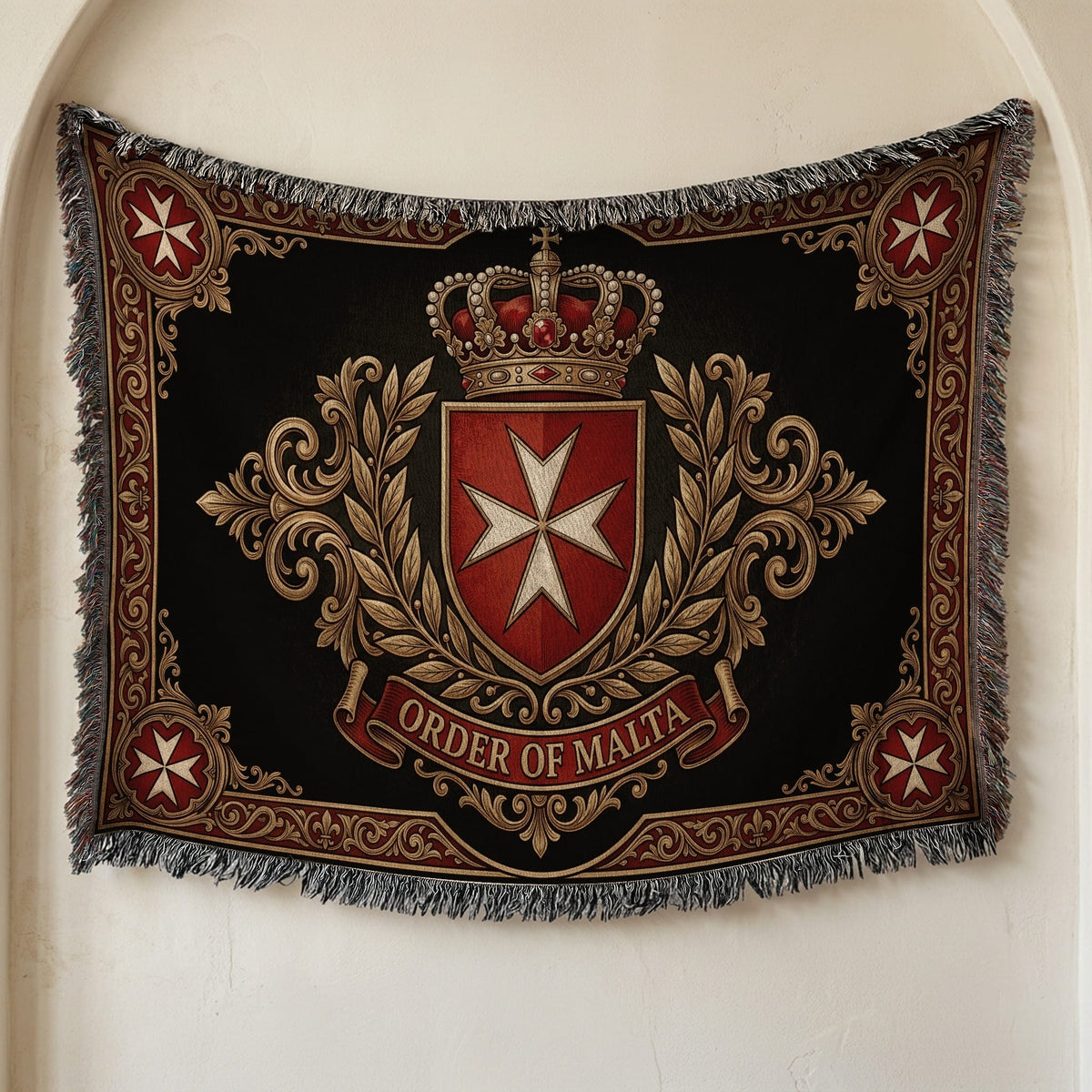 CalmNestStyle Order of Malta Crowned Crest Gold Scroll Woven Blanket jacquard woven blanket