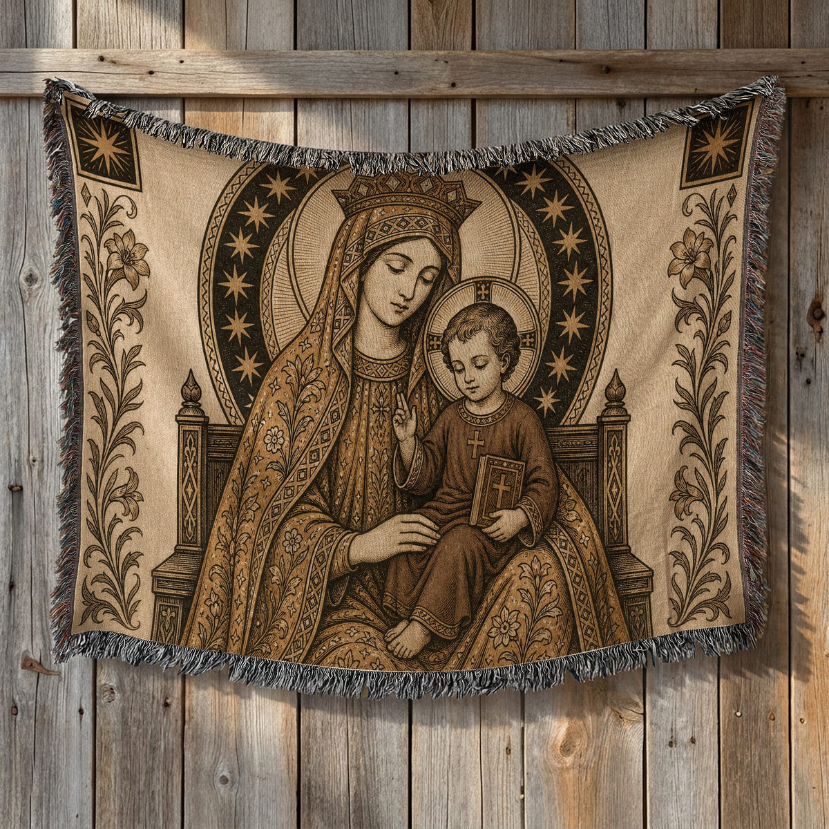 CalmNestStyle Madonna and Child in Gold jacquard woven blanket