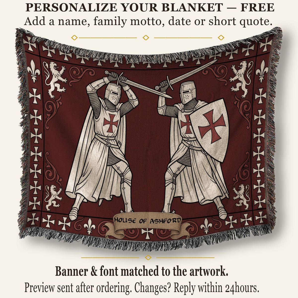 MyDesigns Medieval Tapestry Blanket – Knights Templar Duel Woven Throw, White Cross Border jacquard woven blanket
