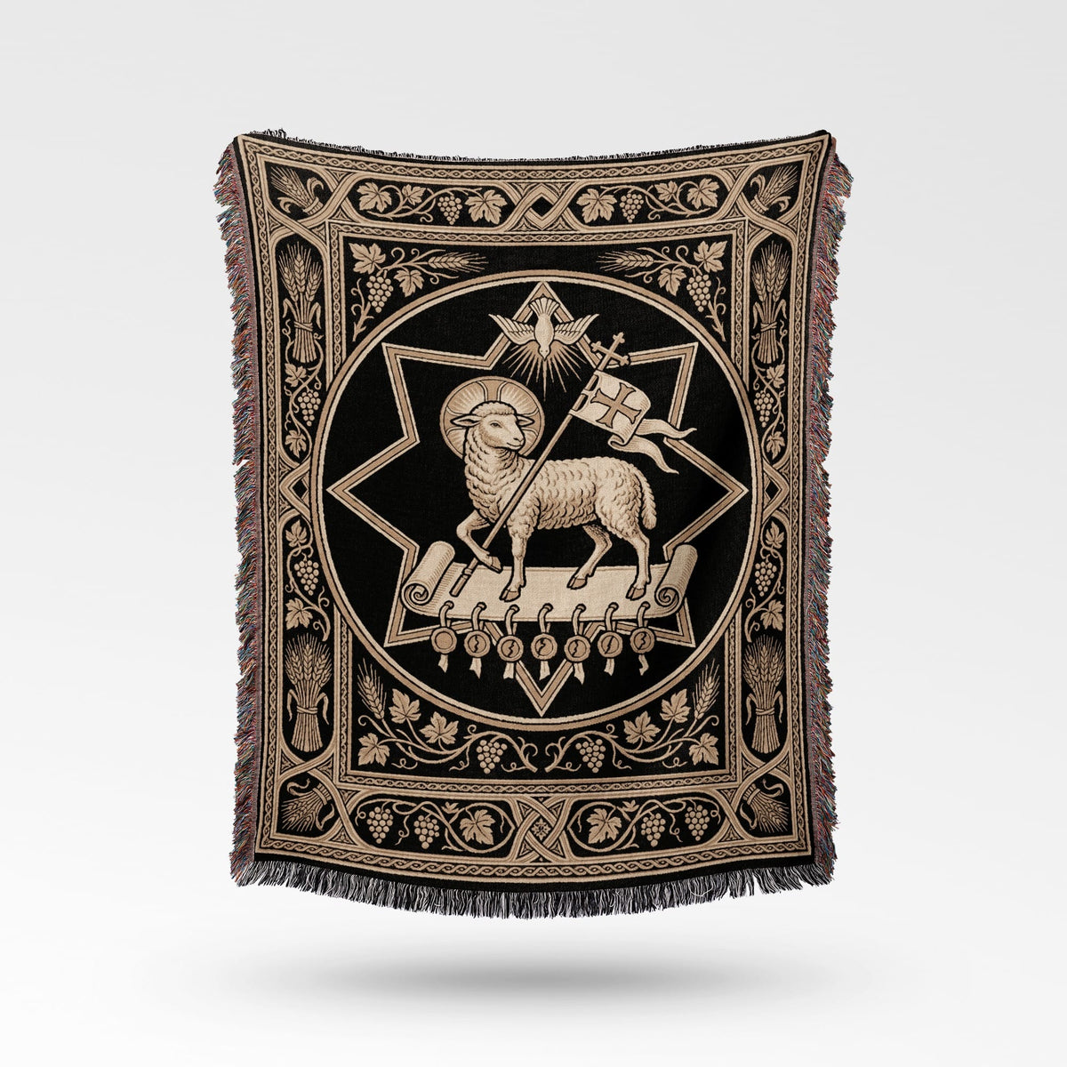 CalmNestStyle Ecclesiastical Lamb & Scroll Woven Blanket jacquard woven blanket