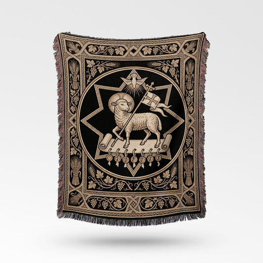 CalmNestStyle Ecclesiastical Lamb & Scroll Woven Blanket jacquard woven blanket