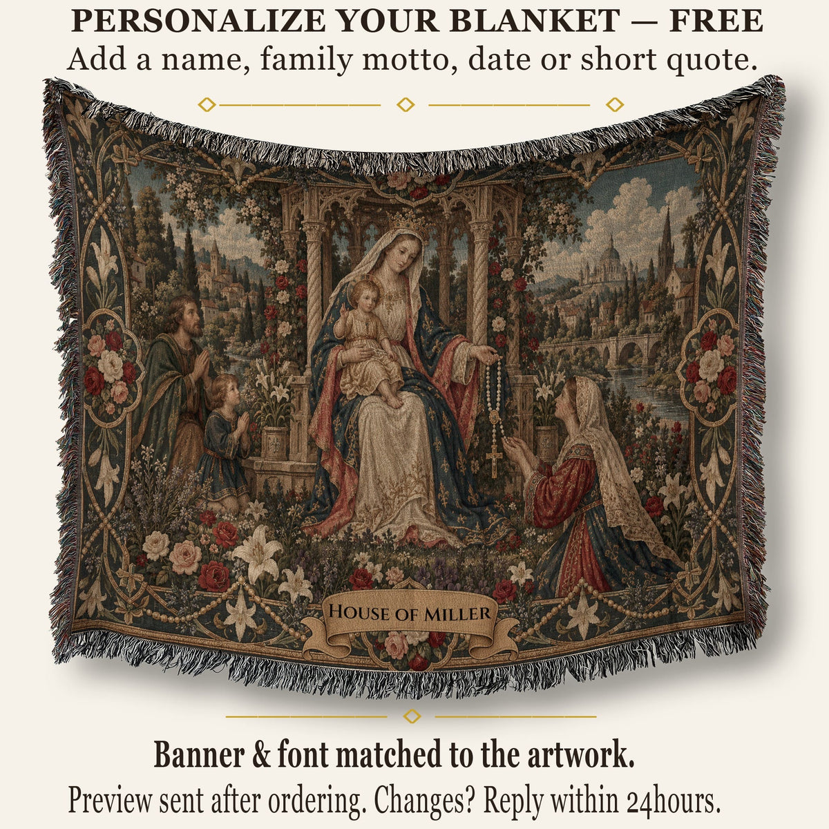 CalmNestStyle Our Lady of the Rosary jacquard woven blanket