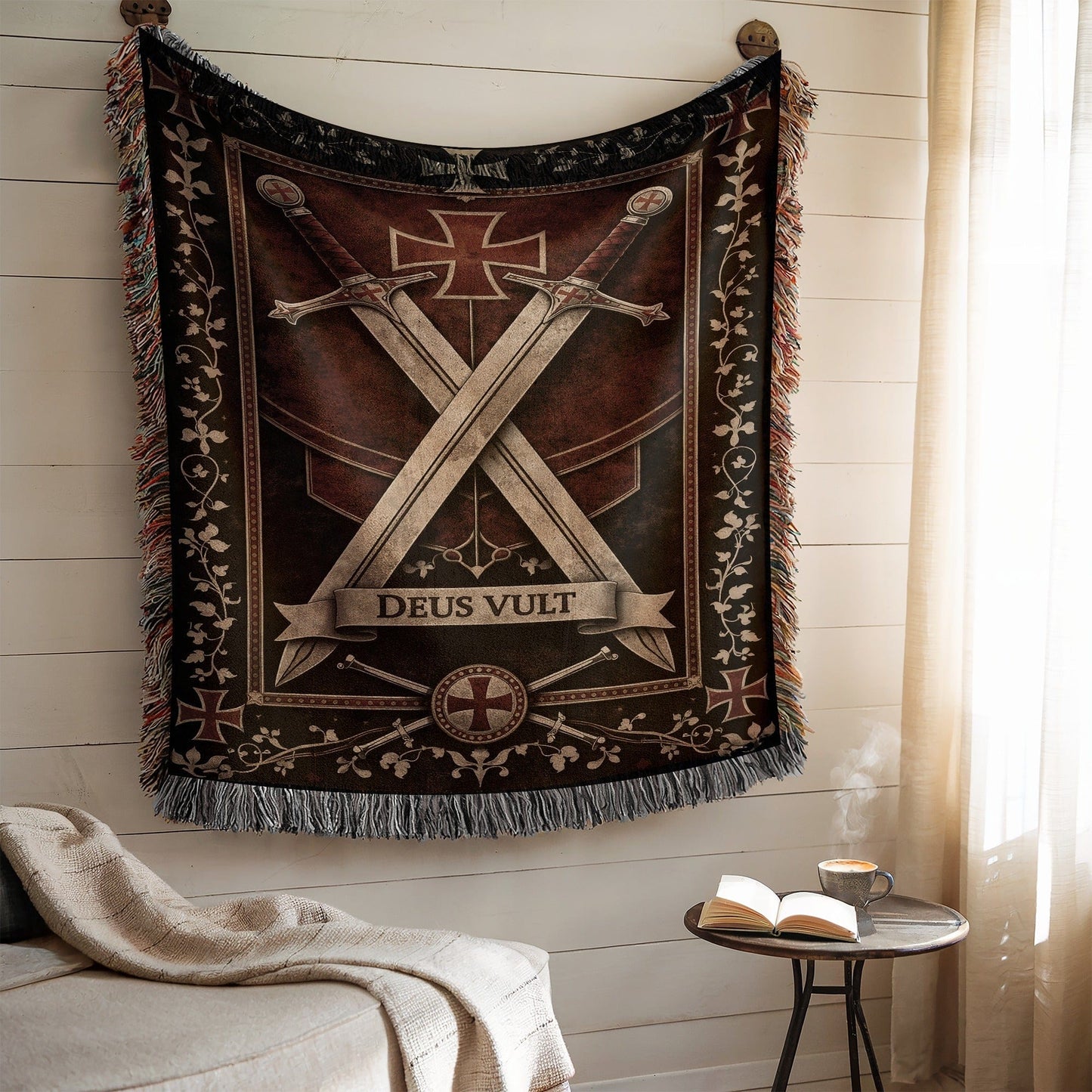 Deus Vult Medieval Crossed Swords Wall Tapestry