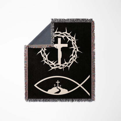 Black throw blanket with white Jesus on the cross, fish symbol, and crown of thorns.