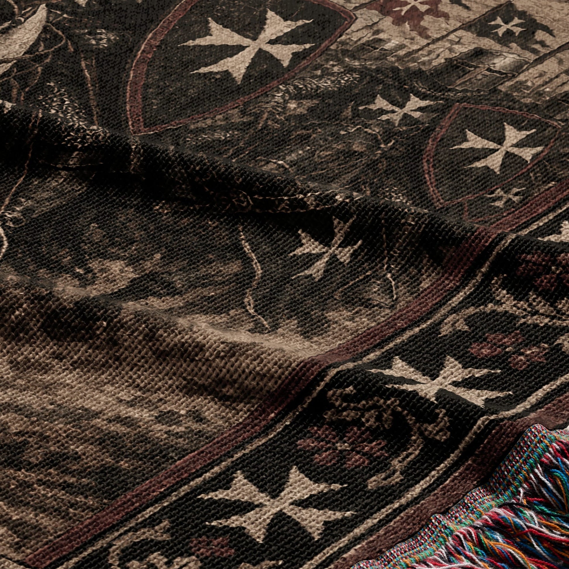 Brown tapestry with intricate patterns and Templar crosses, tasseled edge.