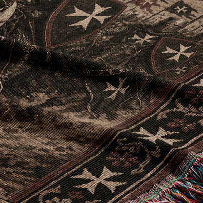 Brown tapestry with intricate patterns and Templar crosses, tasseled edge.