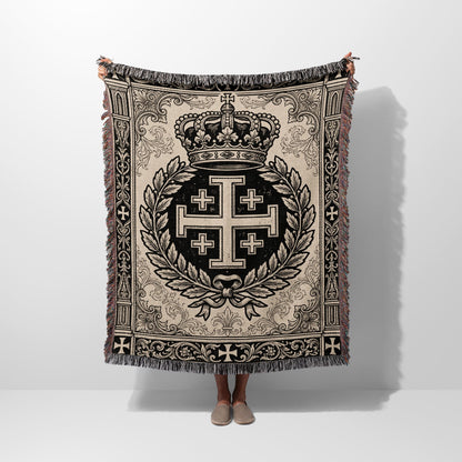CalmNestStyle Ornate Regal Crowned Jerusalem Cross Laurel Medieval Christian Heritage Woven Blanket jacquard woven blanket