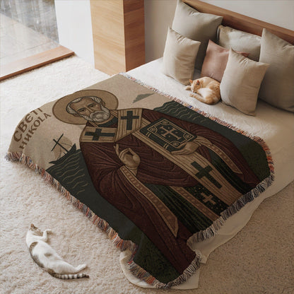 Saint Nicholas Artwork with Cats Design Blanket