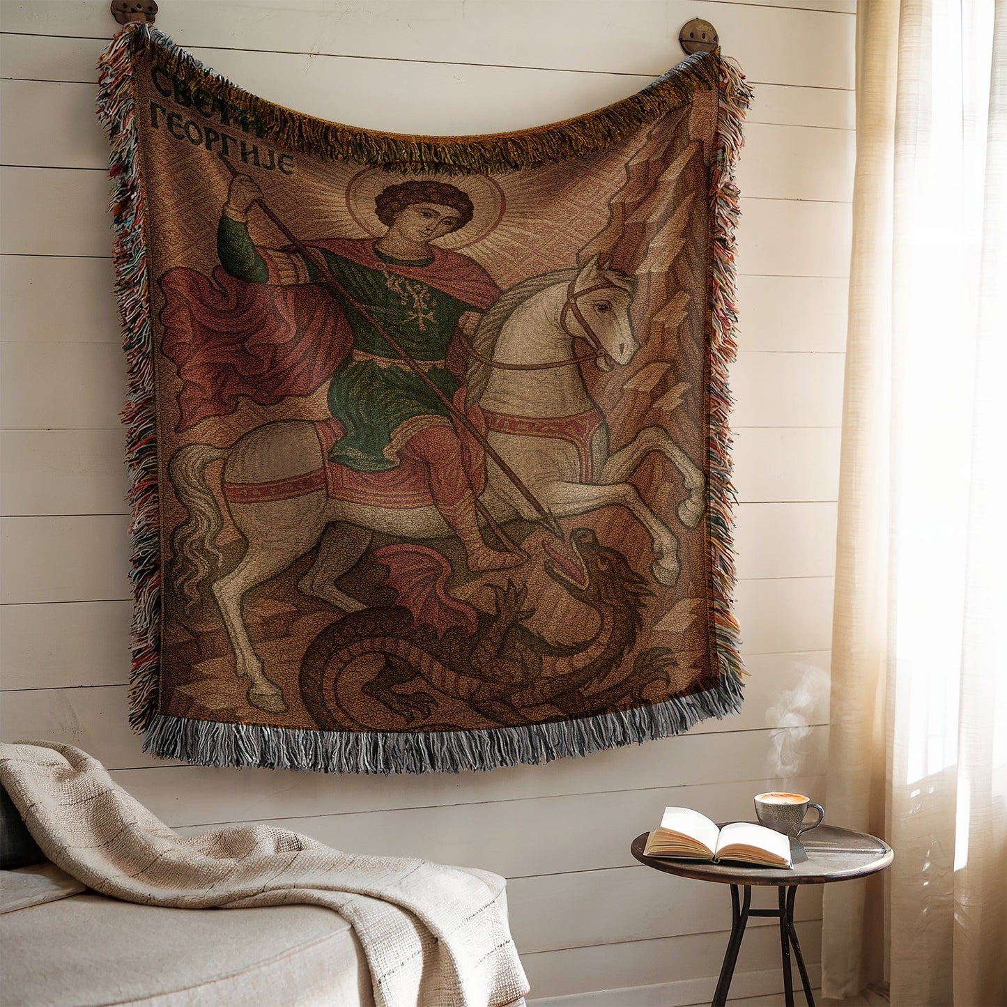 Intricate Tapestry with Knight and Dragon Design