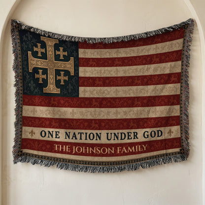 CalmNestStyle One Nation Under God Jerusalem Cross Flag Woven Blanket jacquard woven blanket