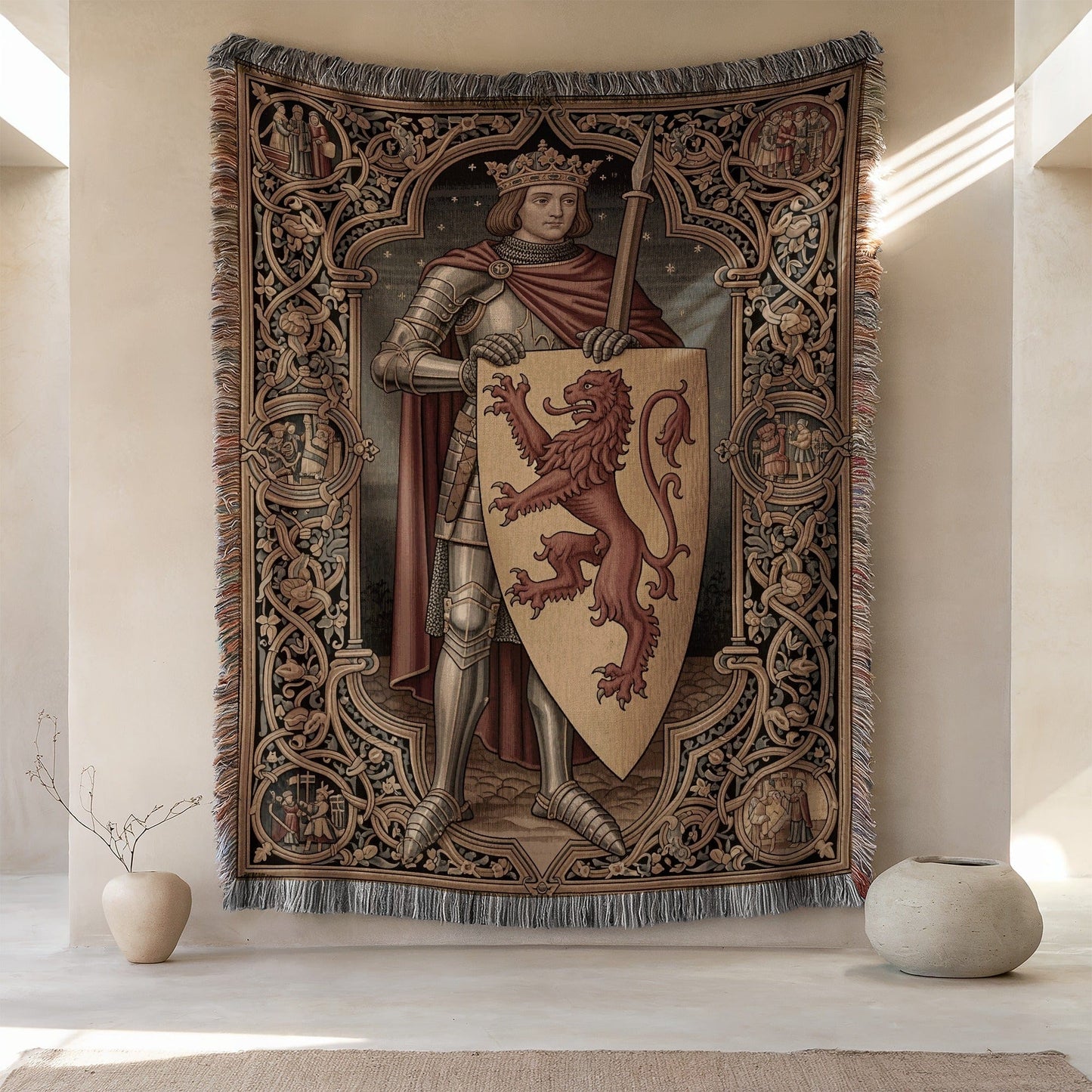 Knight and Lion Medieval Tapestry Wall Hanging Decor